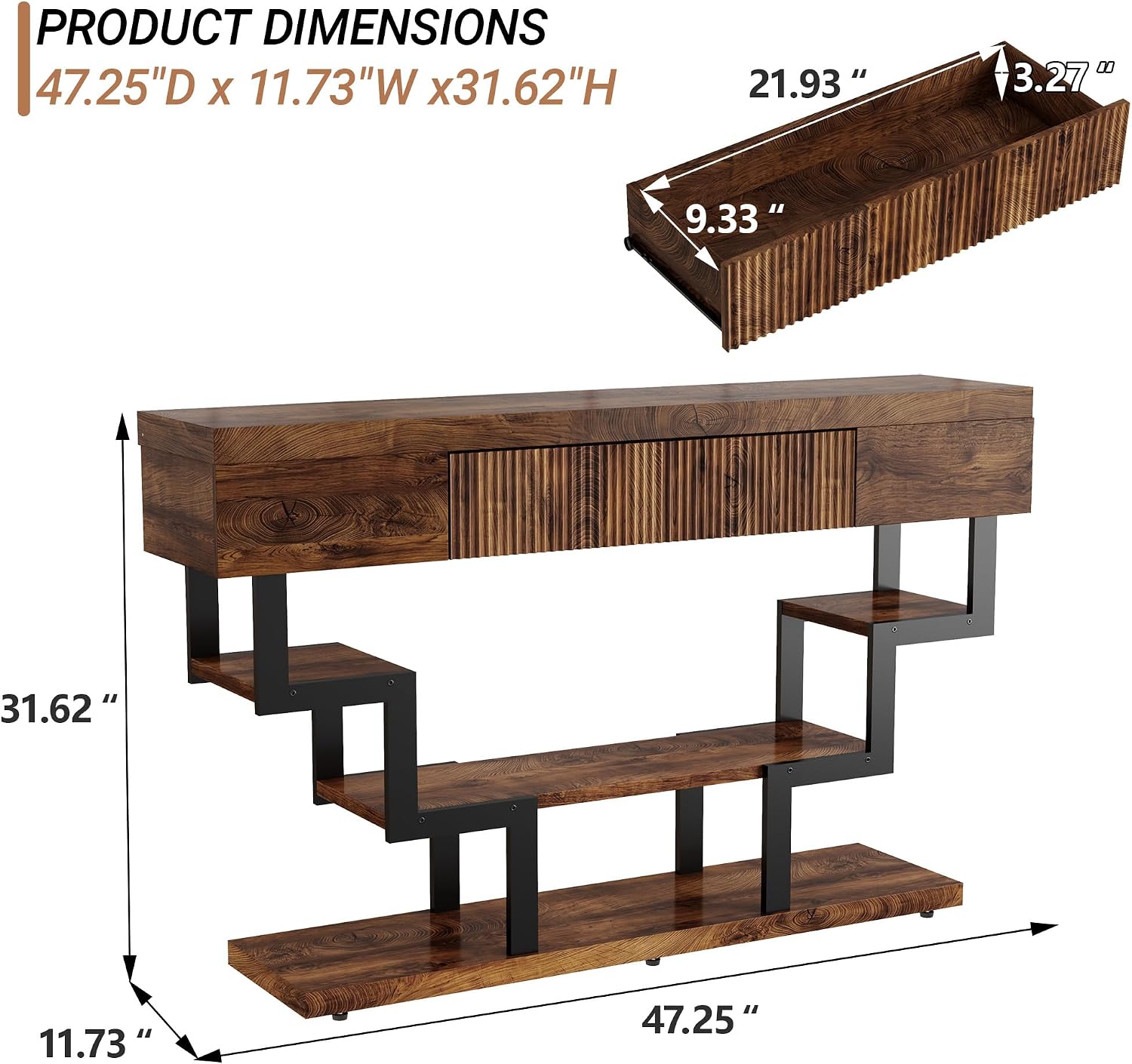 47.3" Console Table with Fluted Drawers, 3-Tier Modern Entryway Table with Geometric Black Metal Frame, Luxury Sofa Table for Living Room, Hallway, Foyer（Walnut Oak