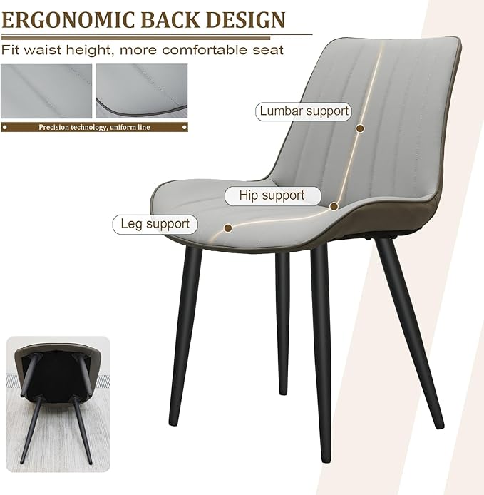 Dining Chairs Set of 2, Leather Modern Kitchen & Dining Room Chairs, Comfortable Upholstered Kitchen Chairs with Metal Legs Armless Side Chairs for Kitchen Restaurant, Light Grey & Dark Grey