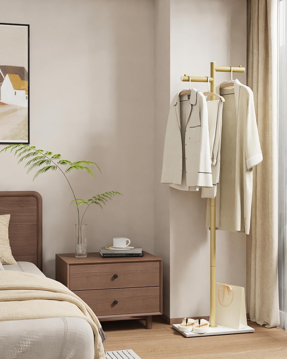 Free-standing Metal Coat Racks, Modern Garment Rack, Z-shaped Coat Tree with Natural Rock Base, for Bedroom, Office, Hallway, Entryway, Living Room, 175cm, Gold