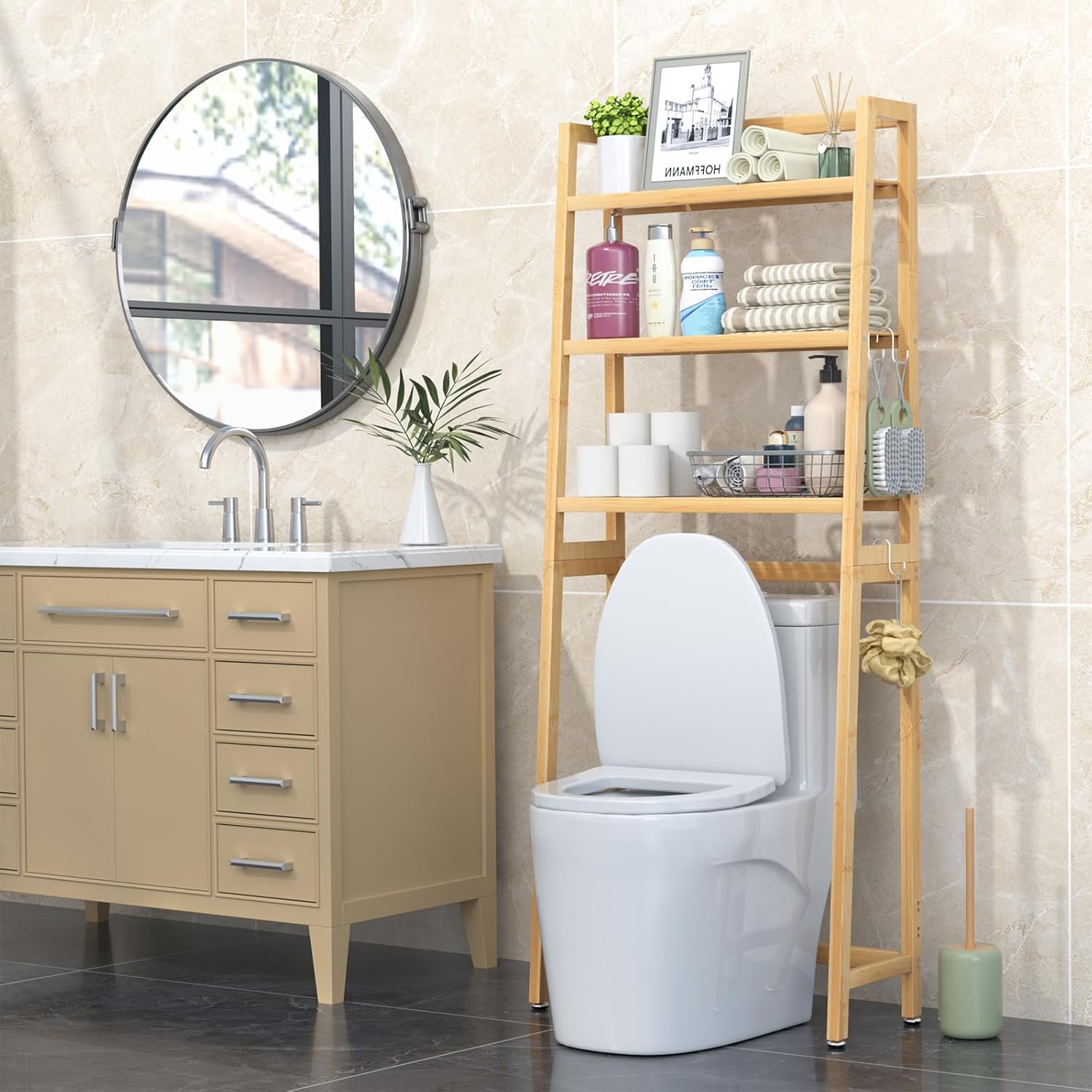 VASMIA Over The Toilet Storage,Bamboo 3-Tier Bathroom Organizer Over Toilet Storage Cabinet,Freestanding Space Saver with 3 Hooks Natural