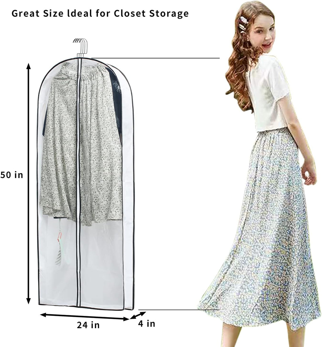 MsKitchen Hanging Clothes Storage with 4" Gusseted Garment Covers (Set of 6) - Clear Suit, Gown, Long Coat, Dress Protectors for Closet - 24"x 50"x 4" / 6 Pack