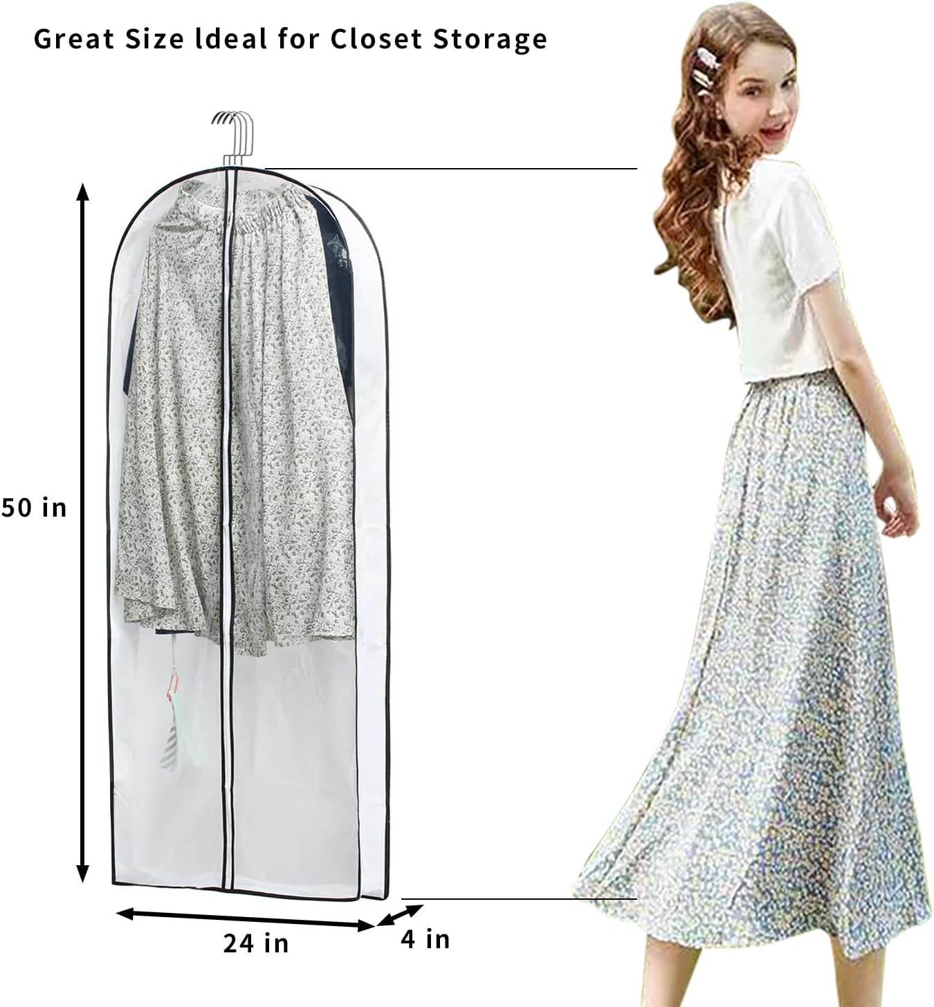 MsKitchen Hanging Clothes Storage with 4" Gusseted Garment Covers (Set of 6) - Clear Suit, Gown, Long Coat, Dress Protectors for Closet - 24"x 50"x 4" / 6 Pack