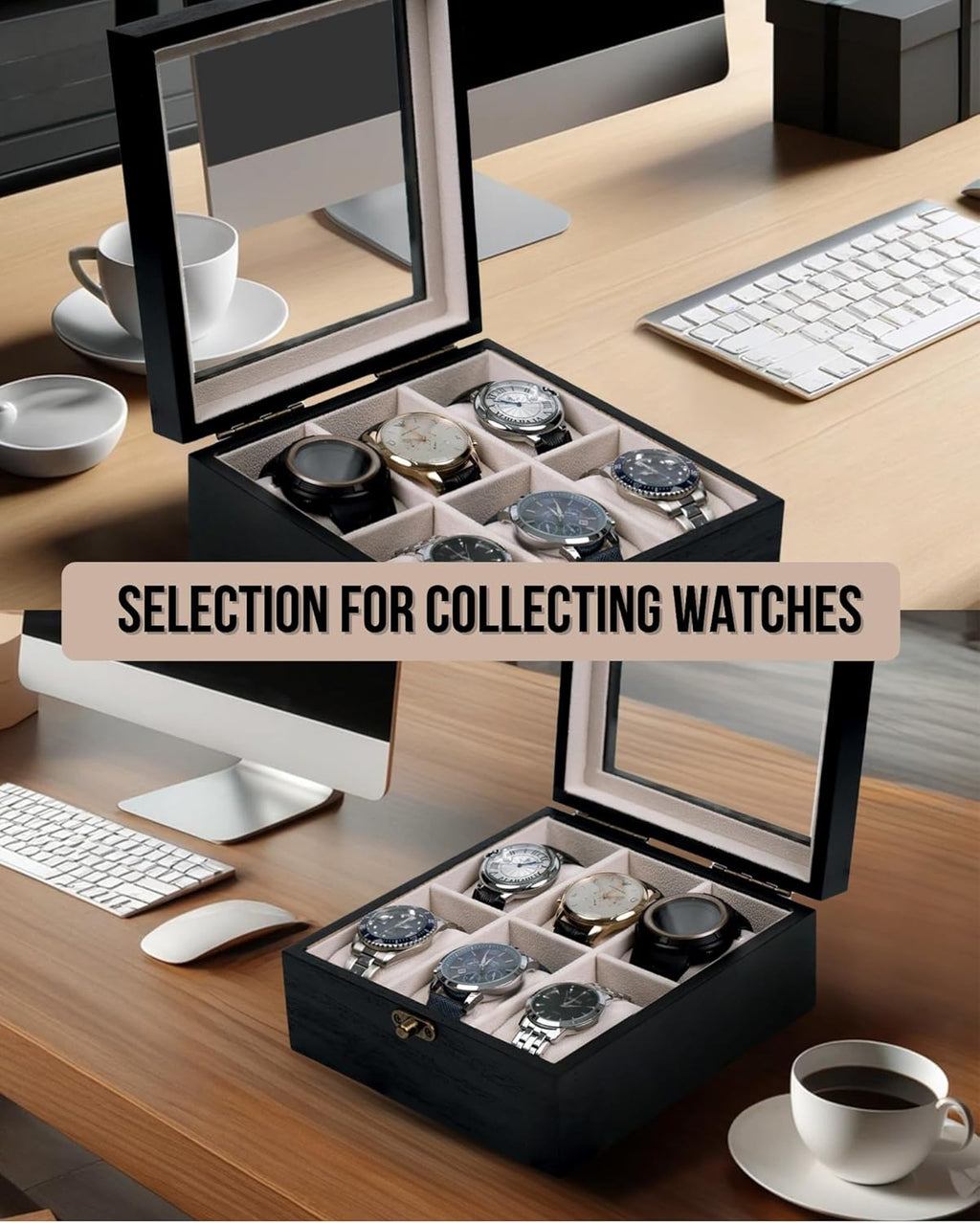 Watch Box, Watch Case for Men Women with Large Glass Lid, Wooden Watch Display Storage Box with 6 - Slots, Charcoal Black 6x2 Mens Watch Box Organizer