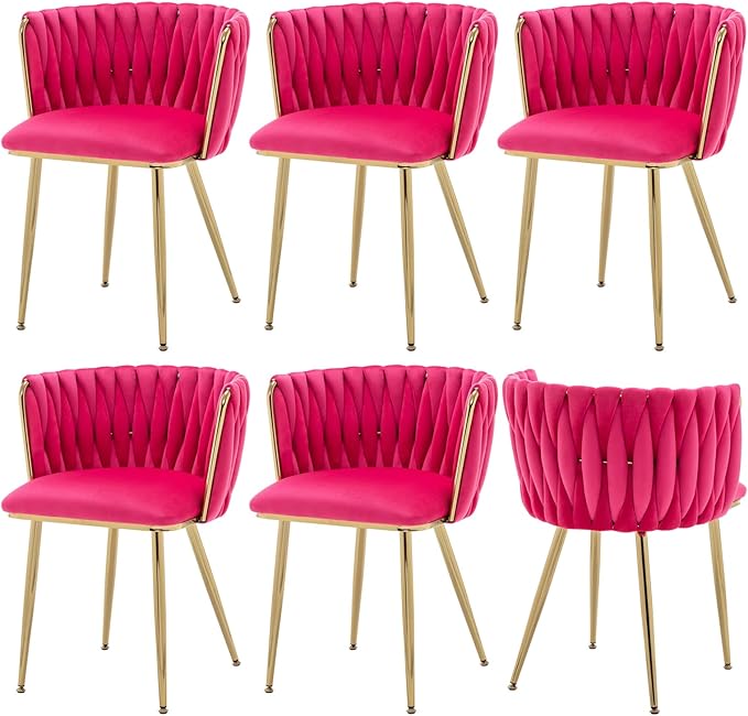 Velvet Dining Chairs Set of 6, Modern Upholstered Dining Chairs with Gold Metal Legs for Dining Room, Vanity, Kitchen, Living Room(Rose Red)
