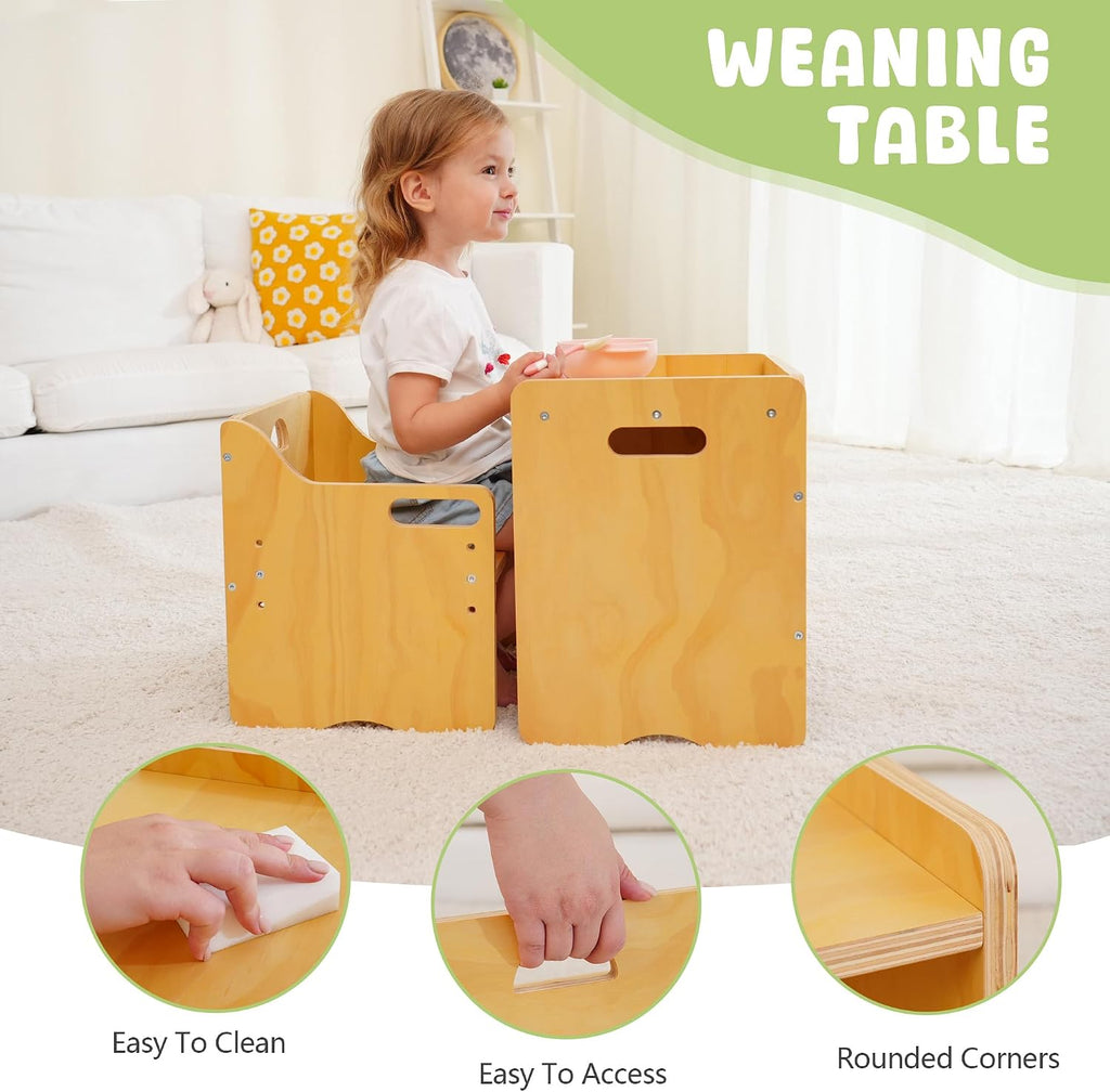 MallBest Montessori Weaning Table and Chair Set-Adjustable seat Height Wooden Toddler Table，Kids Activity Step Stools，Kids Funiture for Eating Drawing Reading