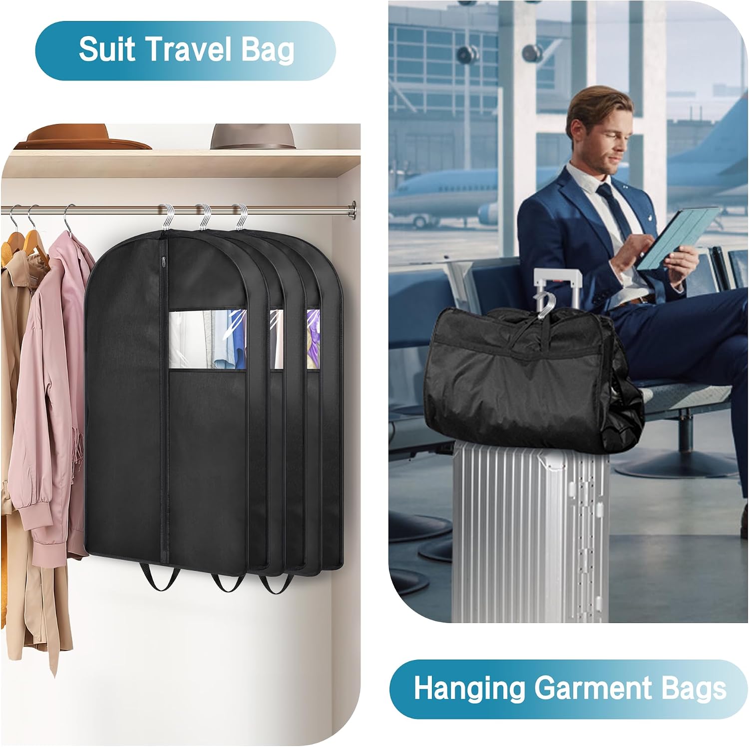 35" Garment Bags for Hanging Clothes Travel, 4" Gusseted Suit Bags for Closet Storage Mens Garment Protector Cover for Coats, Jackets, Shirts (3 Packs)