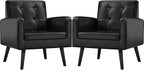 Yaheetech Mid-Century Accent Chairs, PU Leather Modern Upholstered Living Room Chair, Cozy Armchair Button Tufted Back and Wood Legs for Bedroom/Office/Cafe Black 2PCS