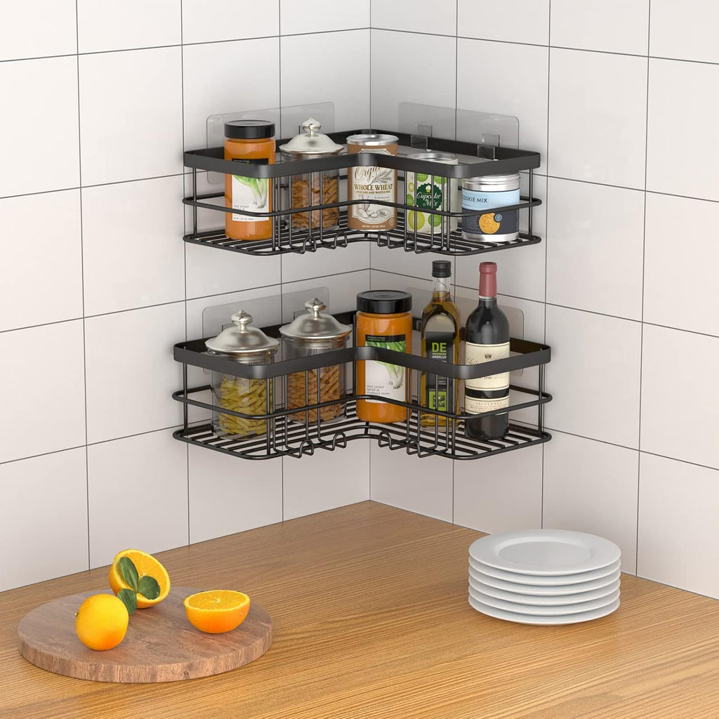 Yazoni Corner Shower Caddy, Adhesive Shower Shelves No Drilling [2-Pack], Rustproof Stainless Steel Bathroom Shower Organizer Wall Mounted with 8 Hooks (Black)