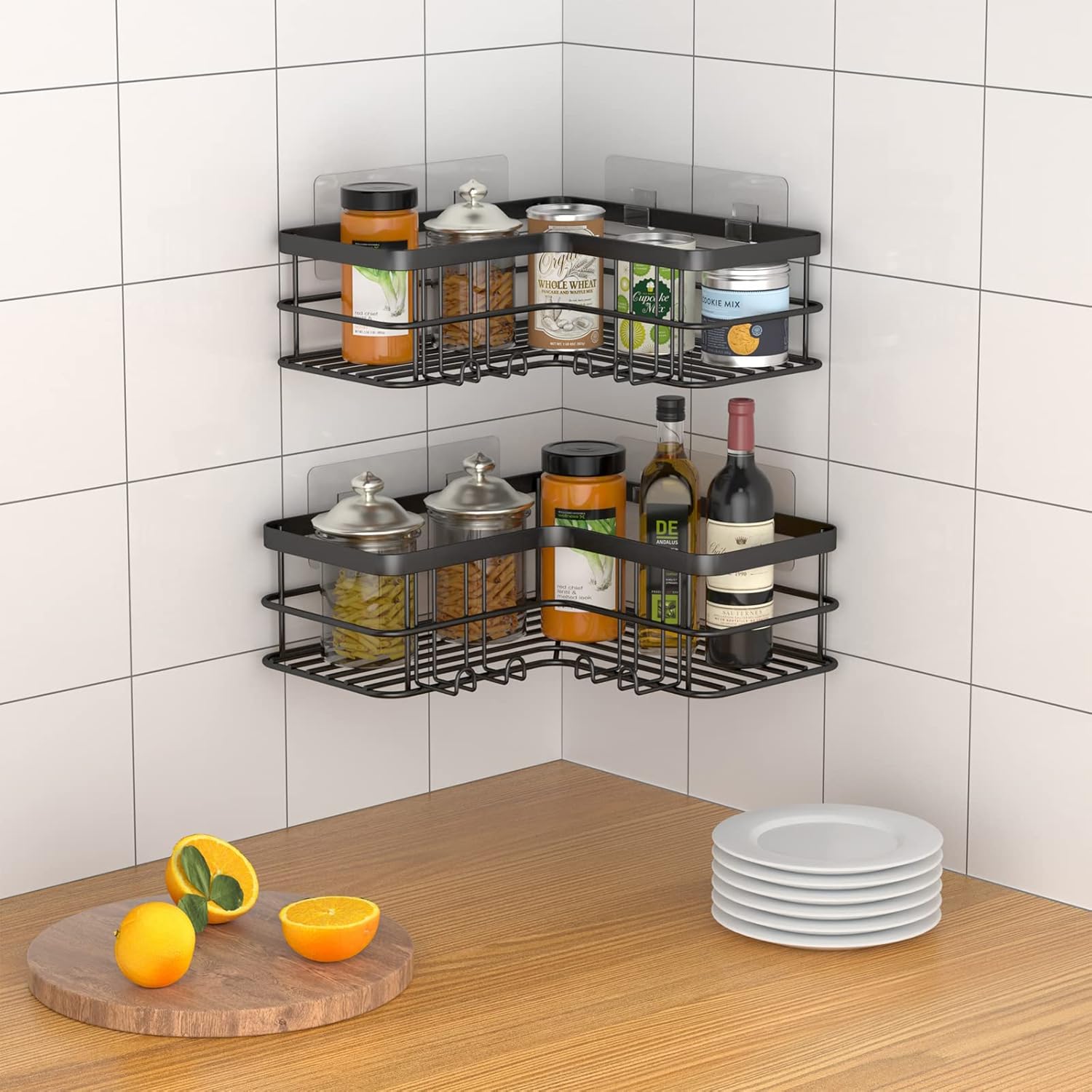 Yazoni Corner Shower Caddy, Adhesive Shower Shelves No Drilling [2-Pack], Rustproof Stainless Steel Bathroom Shower Organizer Wall Mounted with 8 Hooks (Black)