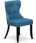 NKSI9-SBB-21-9-Piece Kitchen Table Set Consists of a Dinner Table and 8 Blue Linen Fabric Upholstered Chairs with Button Tufted Back - Sand Blasting Black Finish