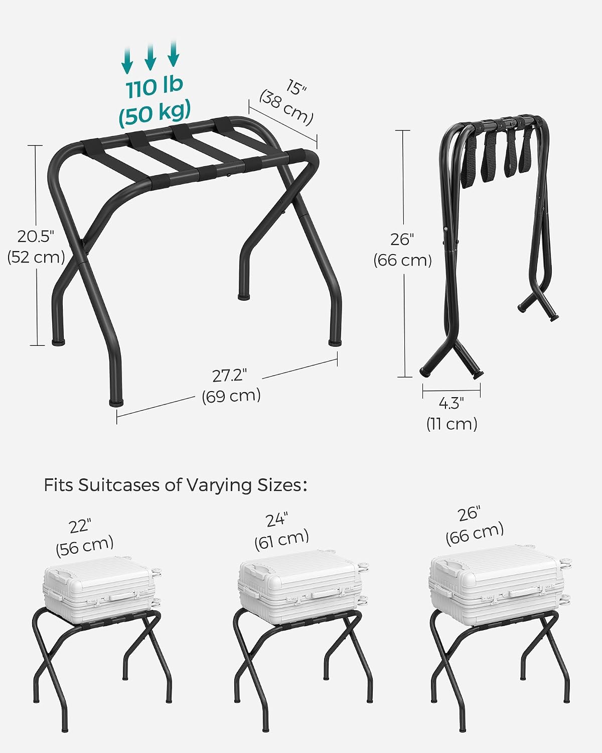 SONGMICS Luggage Rack for Guest Room, Set of 2 Suitcase Stands, Foldable Steel Frame, for Hotel, Bedroom, Holds up to 110 lb, 27.2 x 15 x 20.5 Inches, Black URLR001B02