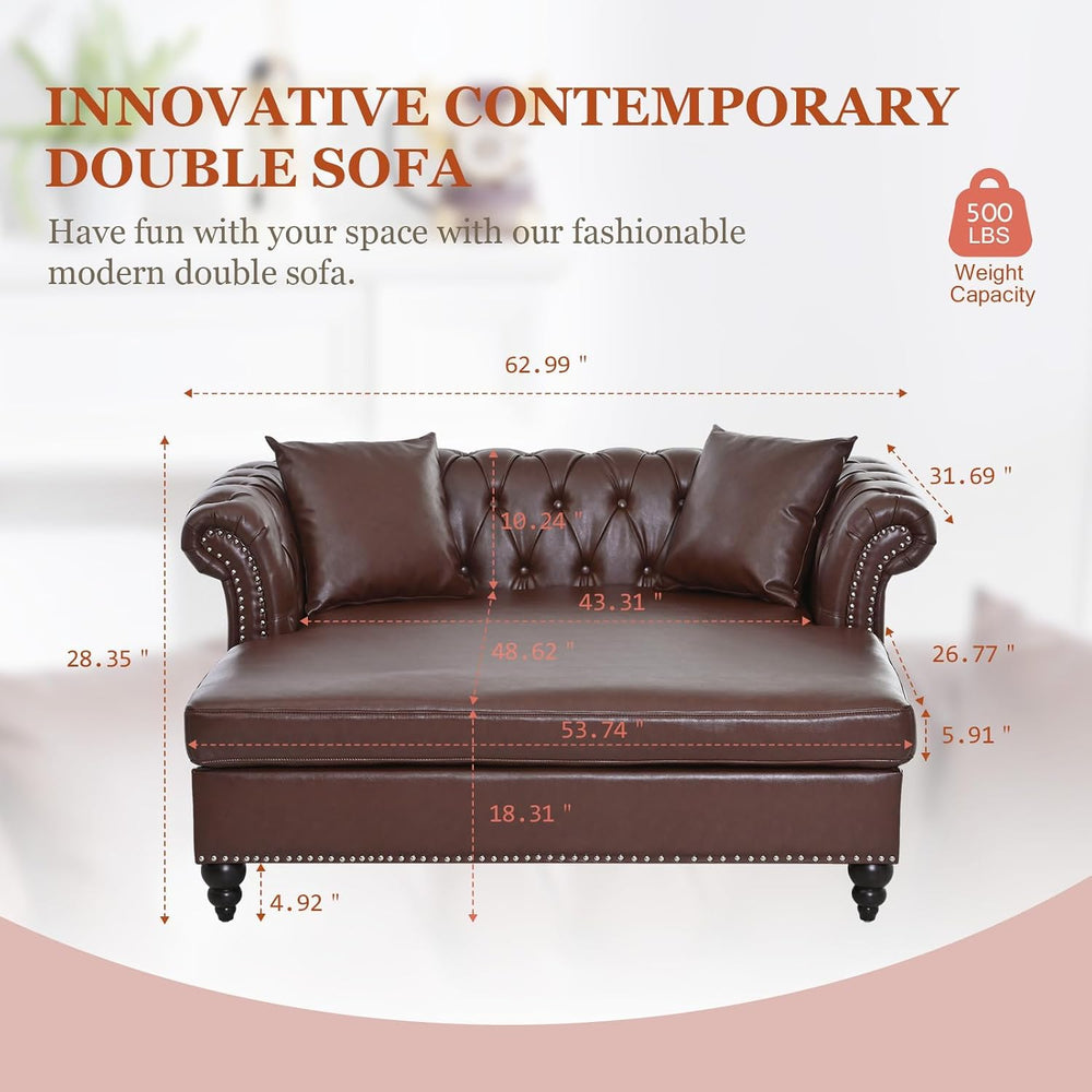 62.99" Chaise Lounge Indoor Comfy Reading Chair with 2 Pillows, PU Leath...