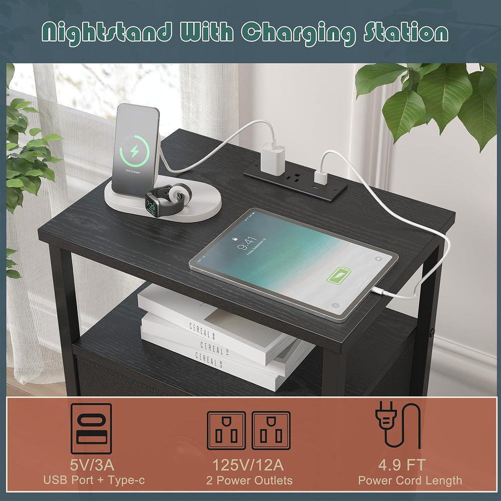 Nightstand with Charging Station,LED Black Nightstands with 5 Fabric Drawers ...