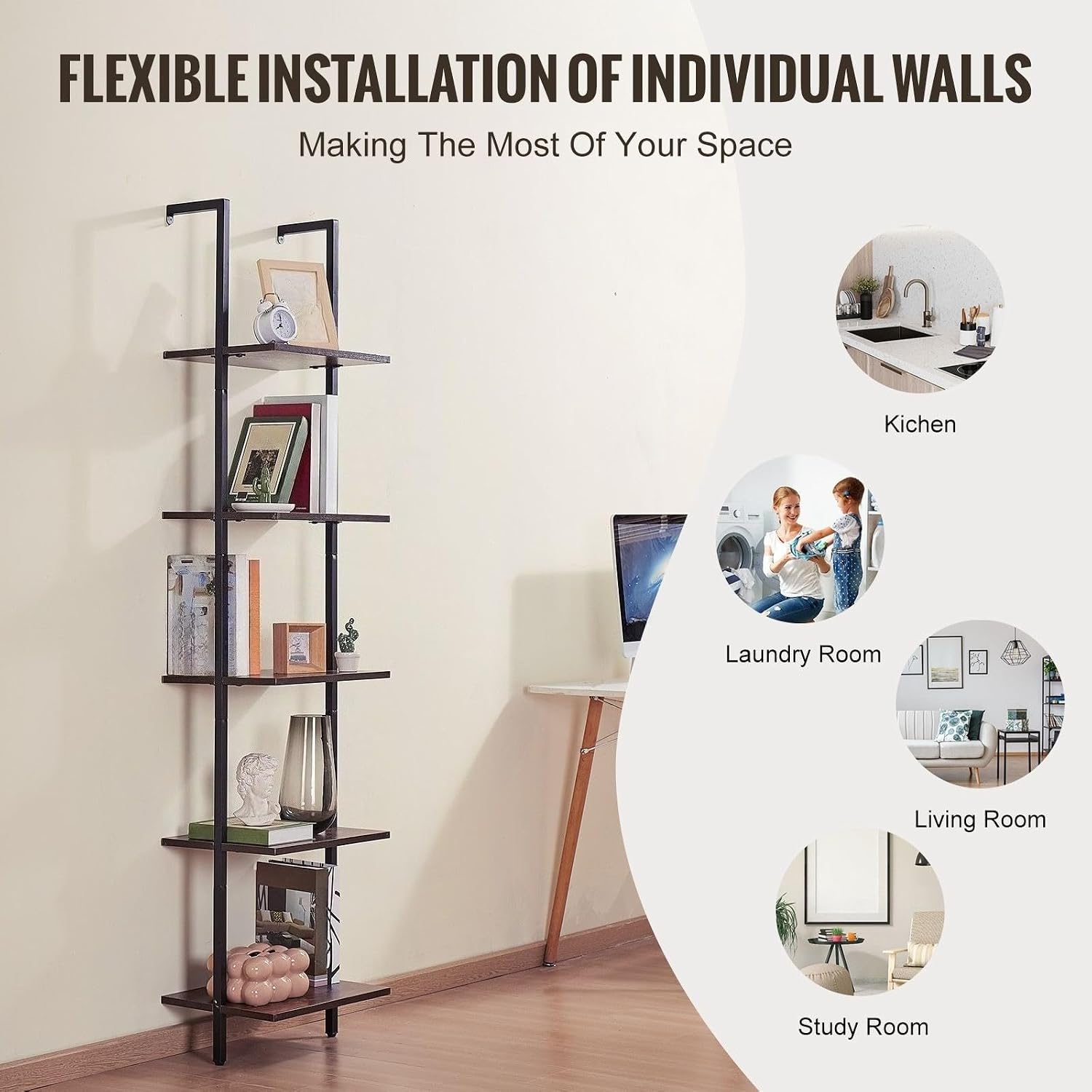 5-Tier Wall Mount Ladder Bookshelf 15.6x11.8in, Black Open Storage Rack with Metal Frame, Multipurpose Sundries Holder for Kitchen Bedroom Bathroom Living Room