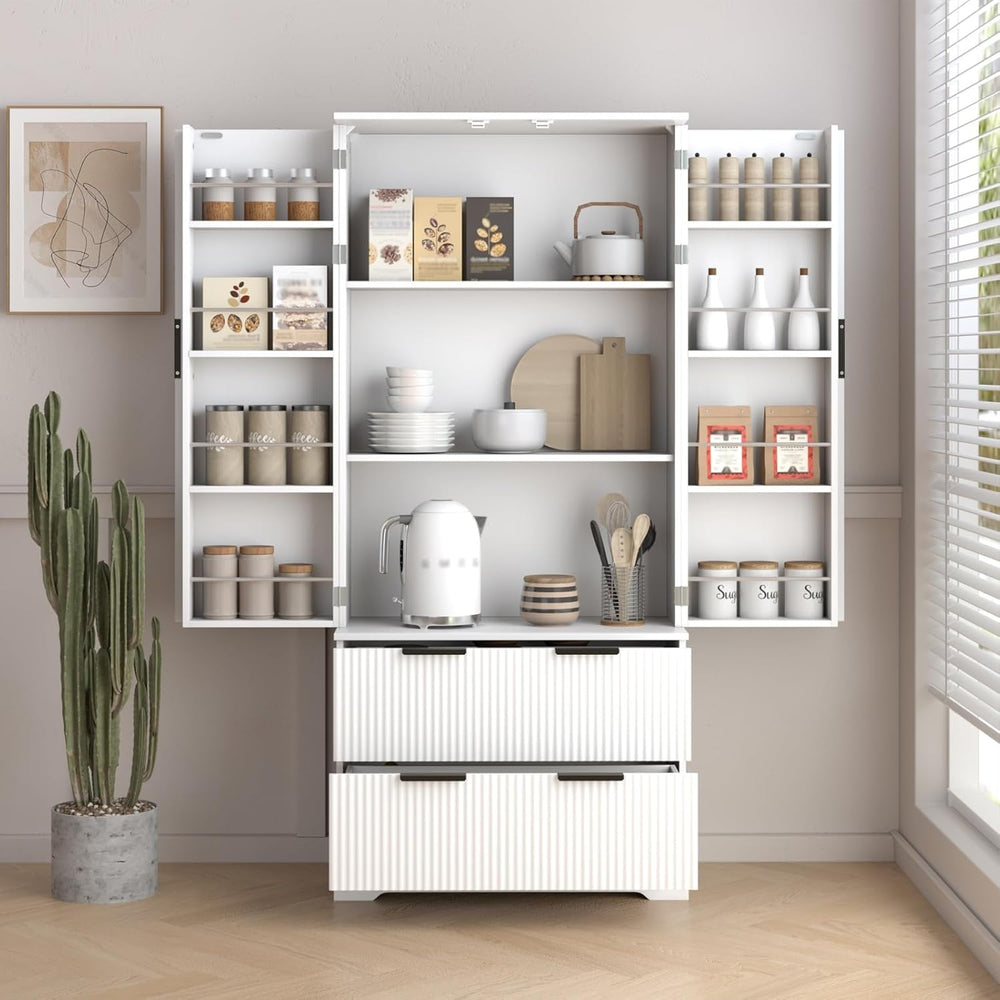 72" Modern Fluted Kitchen Pantry Cabinet with 2 Large Drawers & 8-Do...