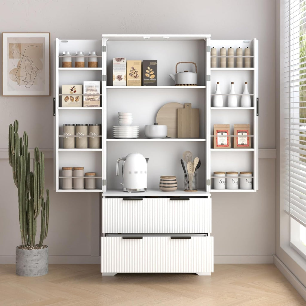 72" Modern Fluted Kitchen Pantry Cabinet with 2 Large Drawers & 8-Door Spice Rack, Freestanding Storage Organizer for Bathroom, Dining Room, Office, Entryway, White