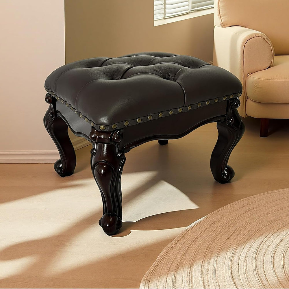 Leather Foot Stool,Vintage Footstools,Wooden Footrest,Upholstered Foot Rest f...
