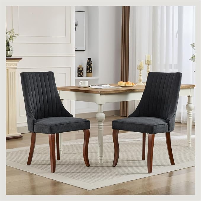 Linen Dining Chairs Set of 2，Fabric Channel Tufted Kitchen Chairs, Upholstered Accent Chairs with Curved Solid Wood Legs, Comfortable Dining Chair for Dining Room, (Black, 2pc)