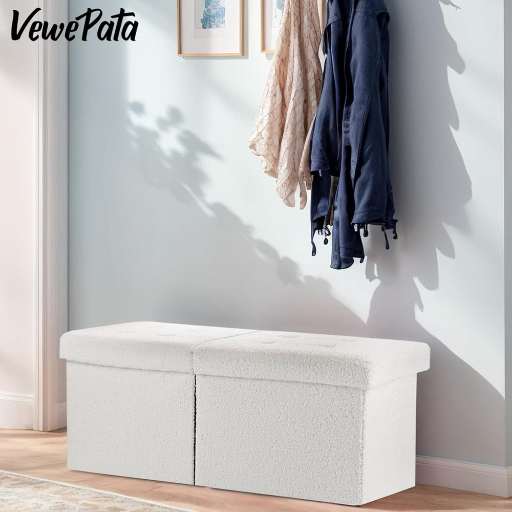 Storage Ottoman Bench, 34" Teddy Velvet Folding Foot Rest, White | Large...