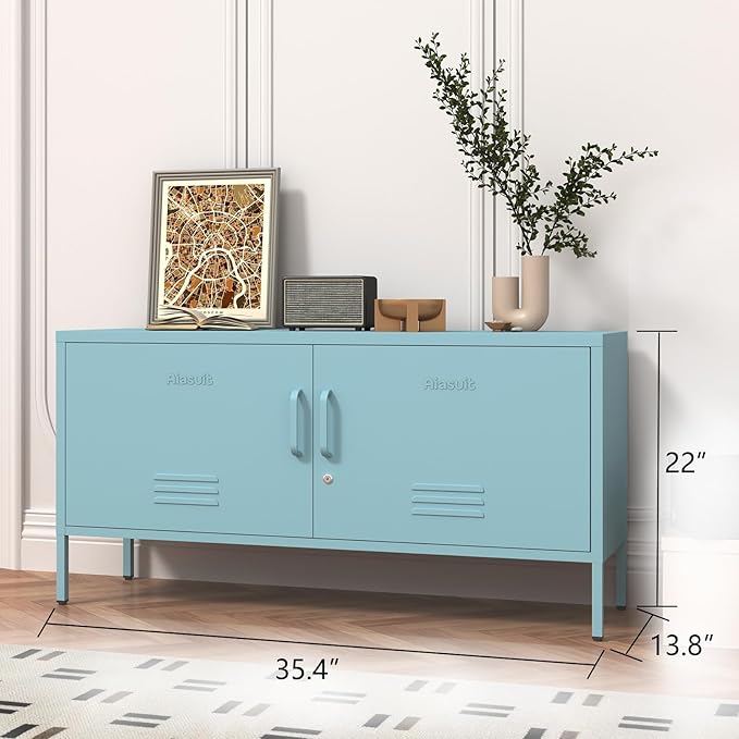 Blue Lockable Metal TV Stand Entertainment Center, Heavy Duty Storage Cabinet Supports 80+ Inch TVs, Multifunctional Media Console for Home Living Room Office 22" H X 35.4" W X 13.8" D
