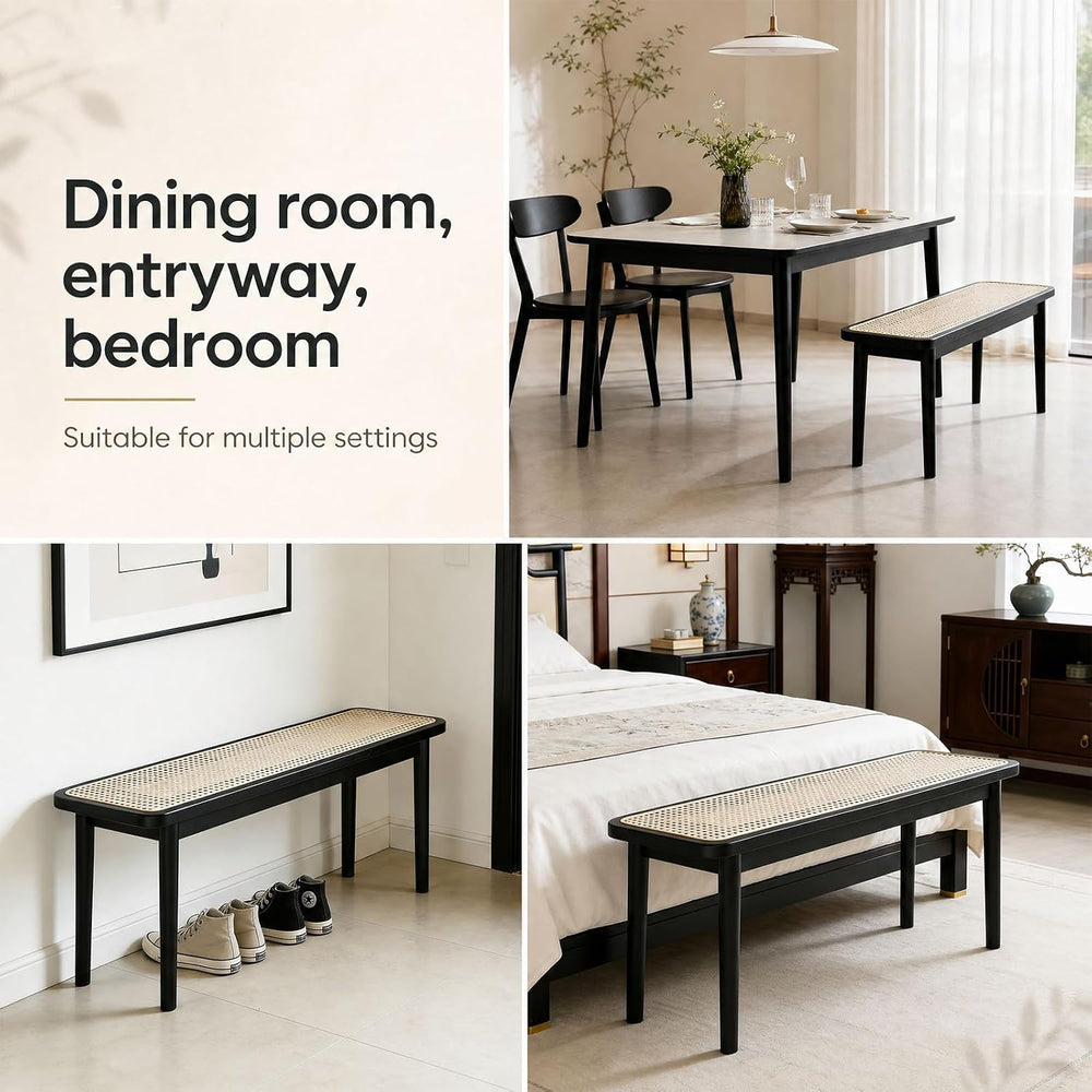 47 Inch Black Dining Bench, Solid Oak Frame | Narrow Black Rattan Bench with ...