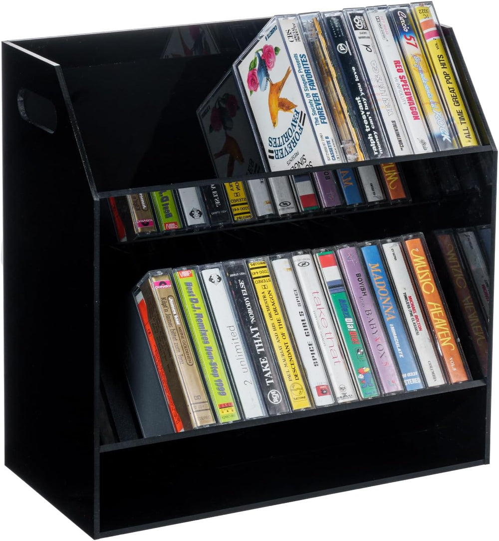 MyGift 2 Tier Modern Premium Black Acrylic Compact Cassettes Holder with Cuto...