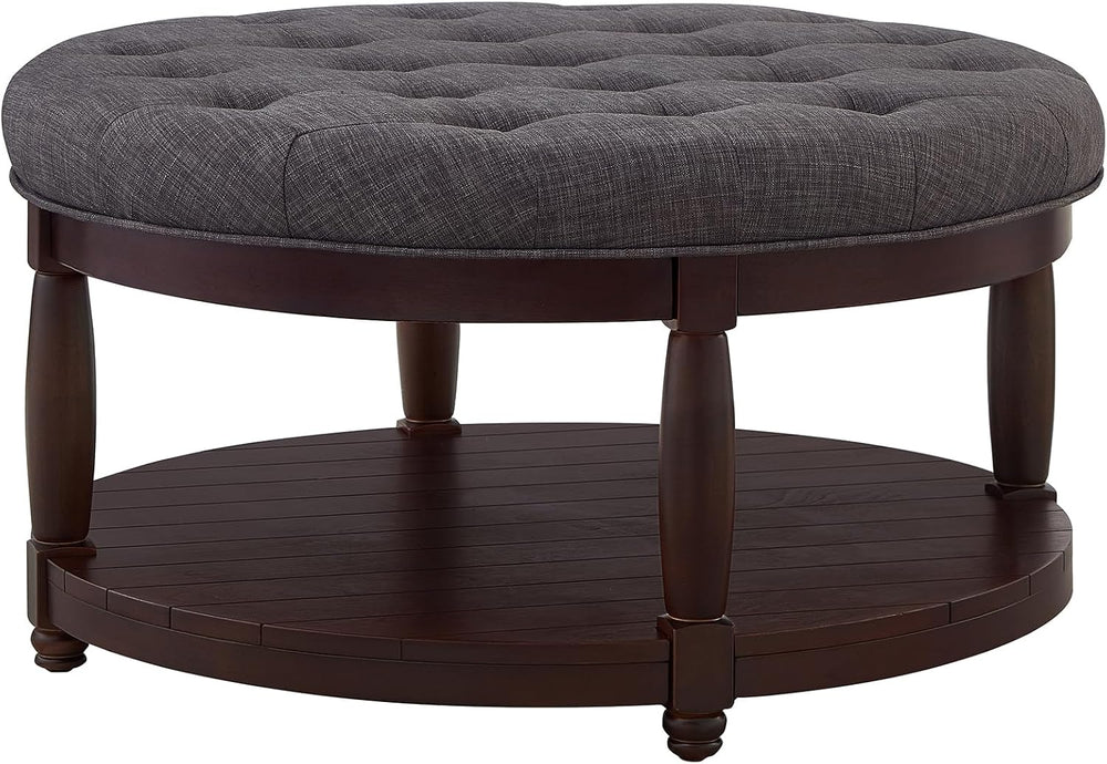 RENSGO 32.5" Large Round Upholstered Tufted Linen Ottoman Coffee Table, ...