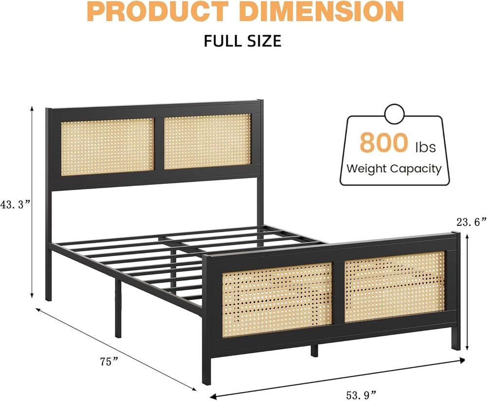 GarveeHome Rattan Full Size Bed Frame with Headboard, Black
