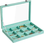 Frebeauty Velvet Jewelry Tray,12 Grid Jewelry Organizer with Clear Lid,Bracelets Holder,Jewelry Display Case with Clasp,Drawer Insert Bangle Brooch,13.8 x 9.5 x 2 Inches,Gift for Women Girl(Turquoise)
