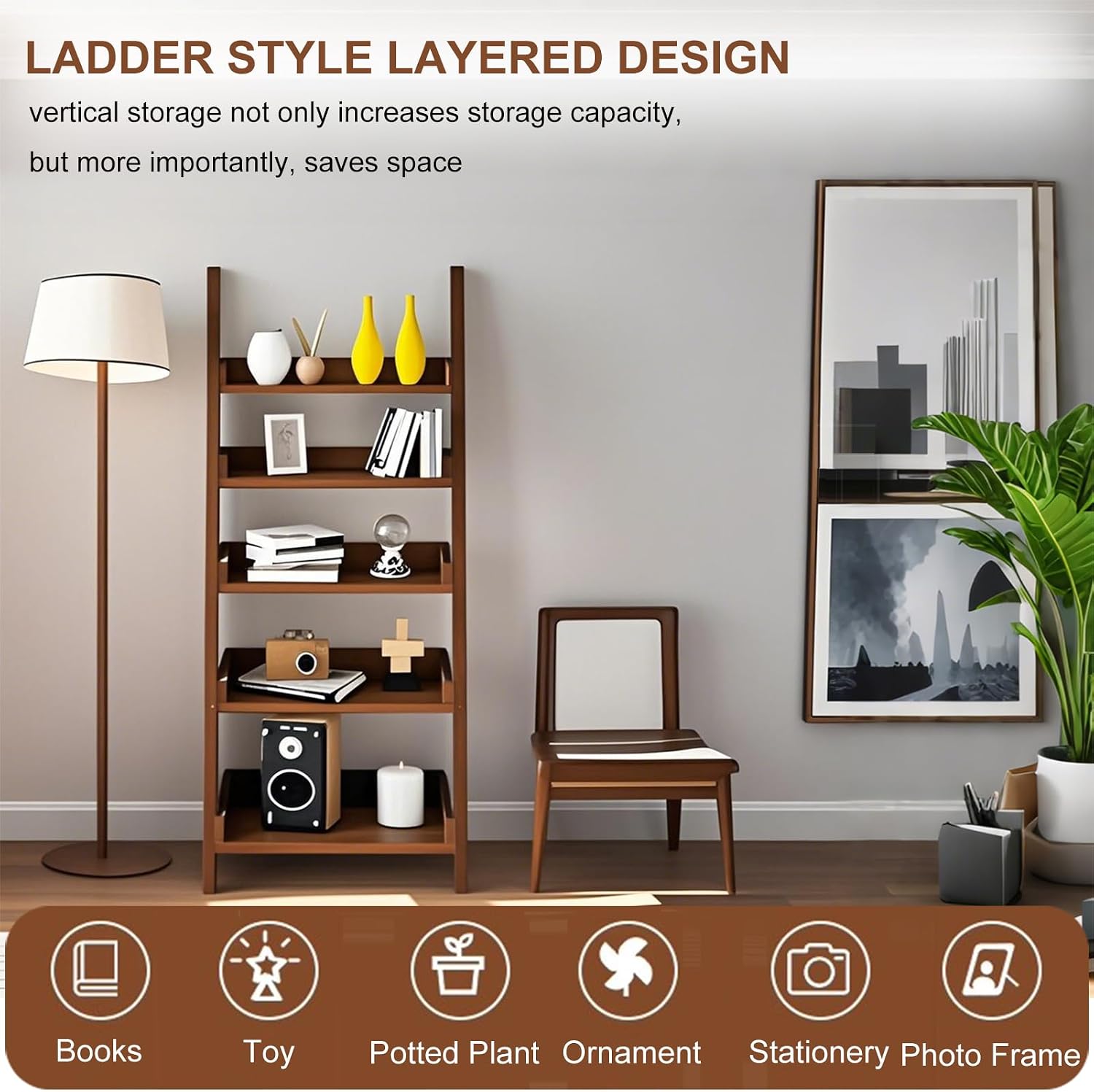 5-Tier Ladder Shelf Bookcase, Walnut Wooden Leaning Bookshelf | H 55.1" Ladder Bookshelf Space-Saving, Freestanding Storage Rack, Plant Ladder indoor for Living Room, Home Office, Bedroom