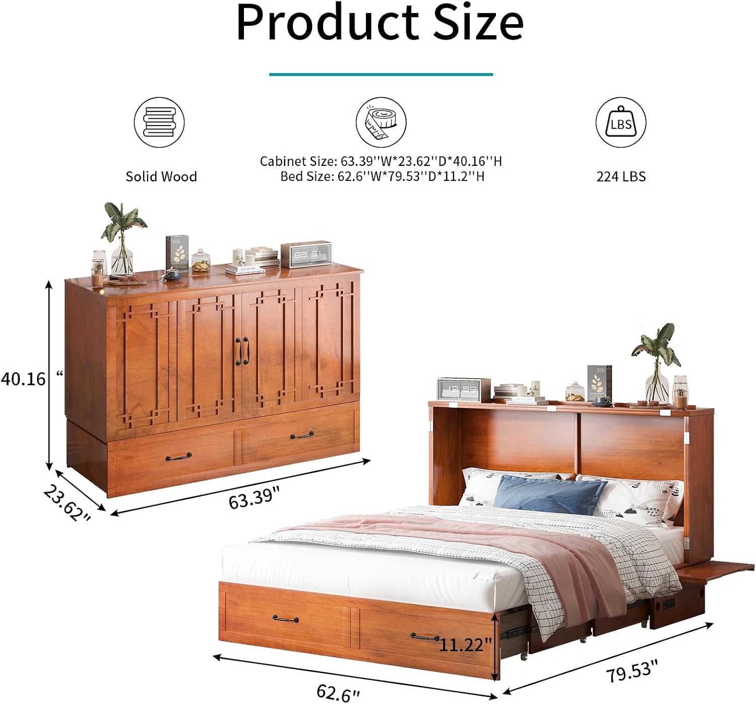 BALUS Queen Murphy Bed with Mattress Included, Chest Murphy Bed -Cherry | Tri-Fold Mattress, USB Charing Station, Spacious Drawer, Space Saving, Queen Bed Frame