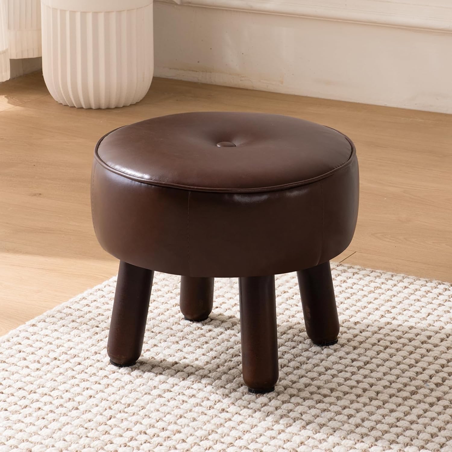 Small 13" Foot Stool Ottoman, Round Pouf Foot Rest, Faux Leather Footstool | Small Foot Stool with Rubber Legs Under Desk, Footrest for Couch, Living Room Bedroom Office, 13''L x 13''W x 10.2''H, Coffee
