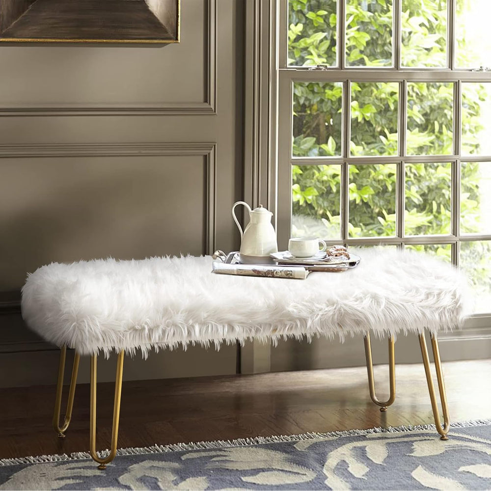 White Faux Fur Ottoman Bench Upholstered Furry Entryway Bedroom Bench with Go...