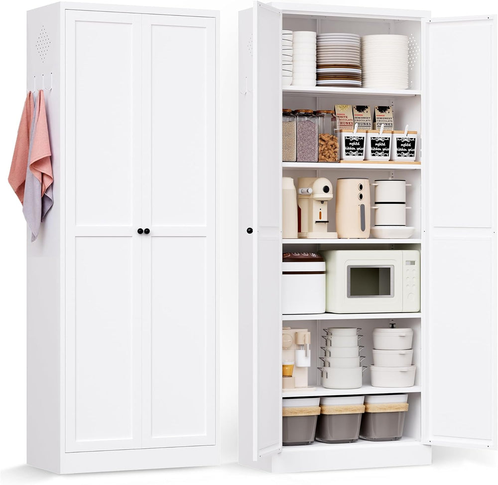 AQY Metal Pantry Cabinet, 72" White Kitchen Storage Cabinet with Doors
