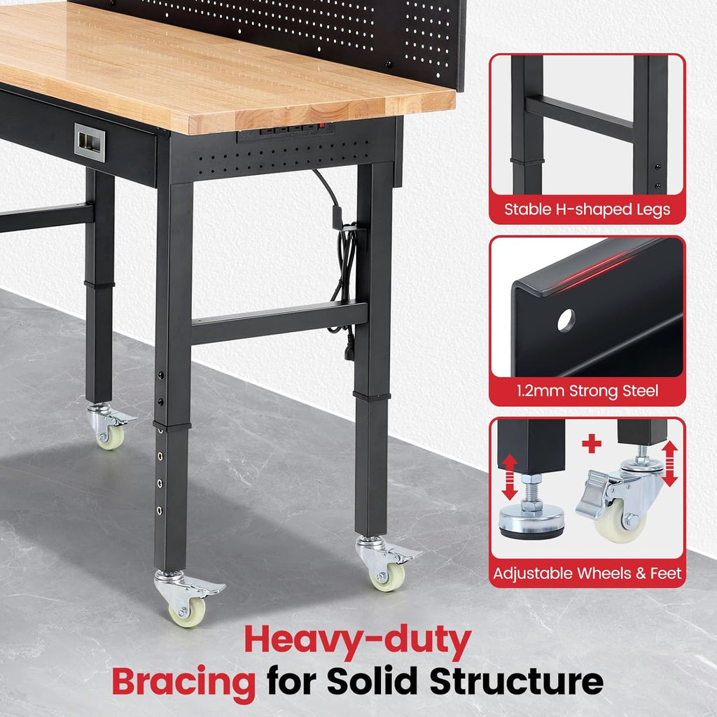 Workbench with Wheels 60 Inch Heavy Duty Rubberwood Tabletop Work Bench for Garage Adjustable Height Work Table with Pegboard, Drawers, Power Outlets for Woodworking, Home, Office, Workshop