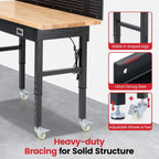 Workbench with Wheels 60 Inch Heavy Duty Rubberwood Tabletop Work Bench for Garage Adjustable Height Work Table with Pegboard, Drawers, Power Outlets for Woodworking, Home, Office, Workshop