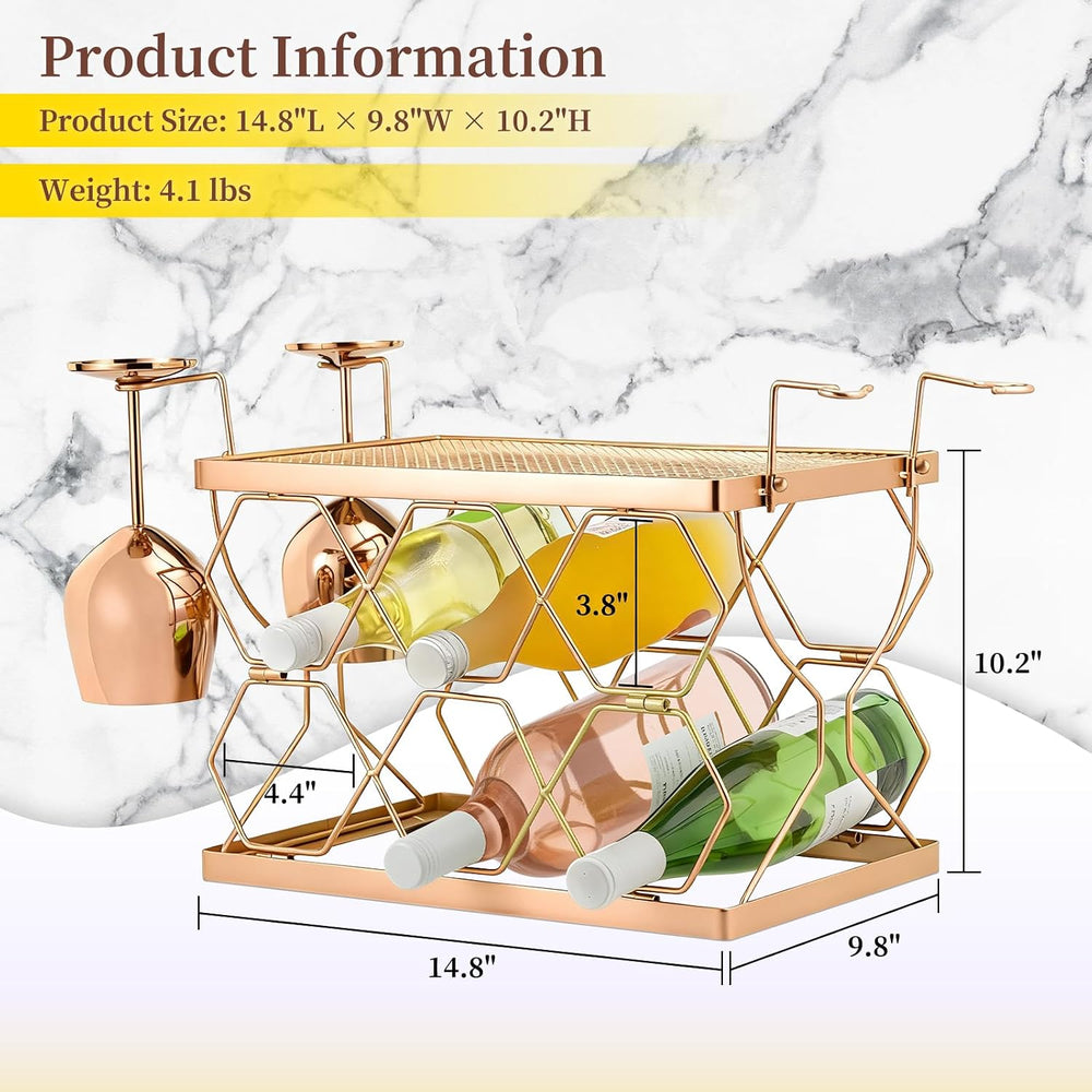 Countertop Wine Rack Organizer - Holds 6 Oversized Bottles & 4 Glasses | ...