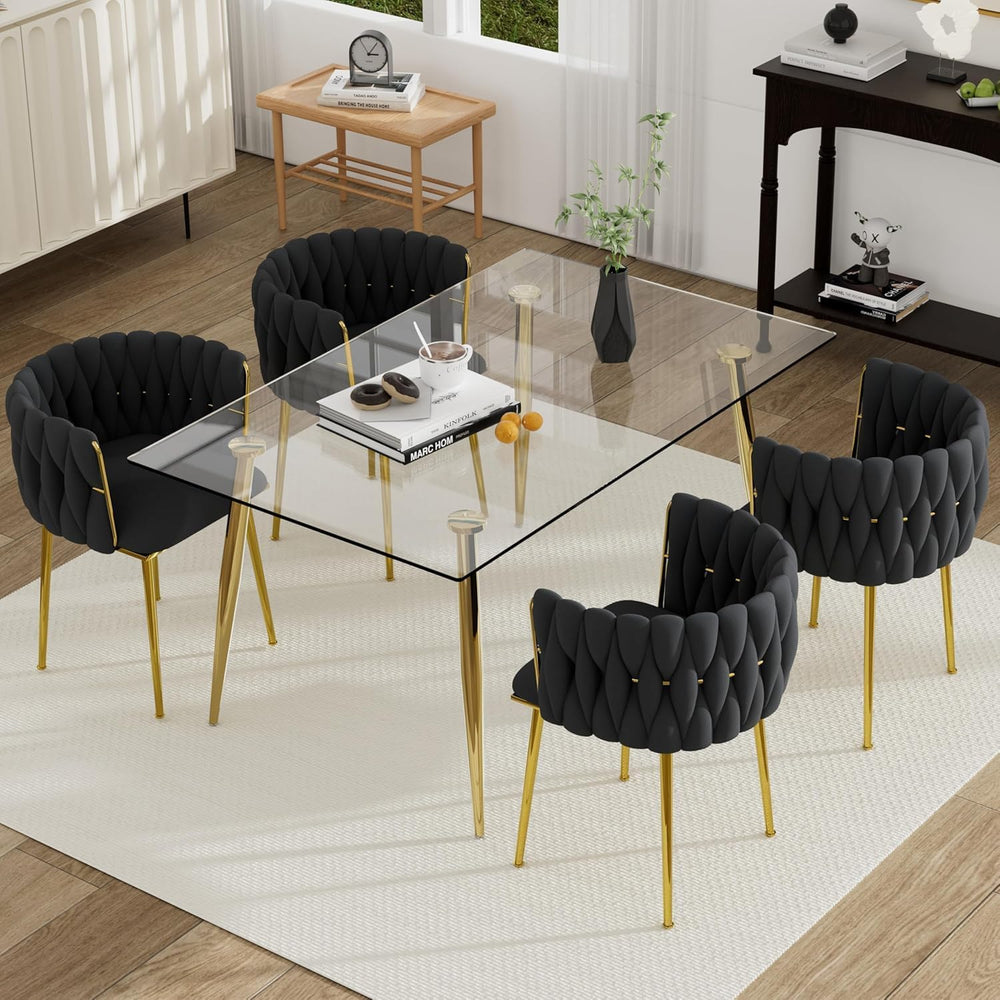 Modern Gold Glass Dining Table Set for 4, 51'' Clear Glass Top Rectan...
