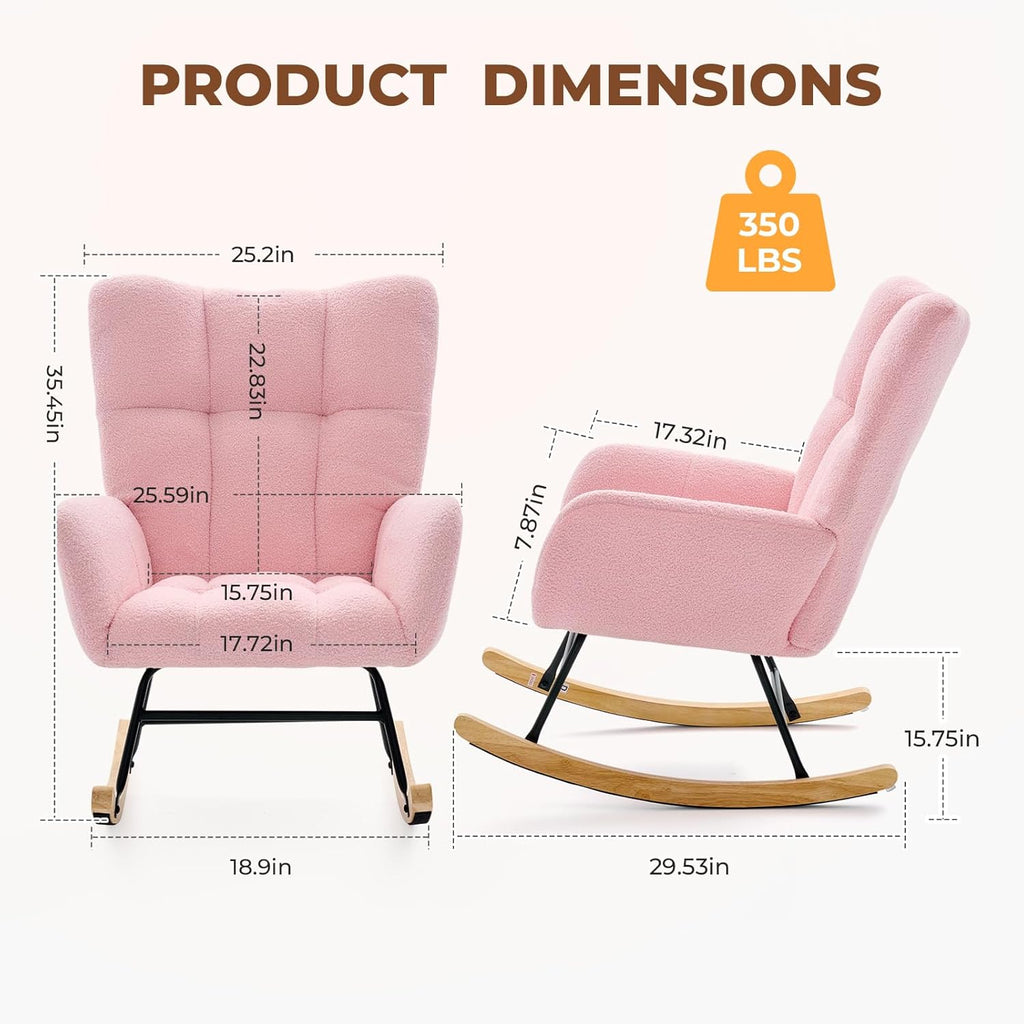 DUMOS Nursery Rocking Chair Teddy Upholstered, Comfy Glider Rocker with High Backrest Armchair Padded Seat, Accent Side Chair for Living Room Bedroom Offices Small Spaces Indoor, Pink