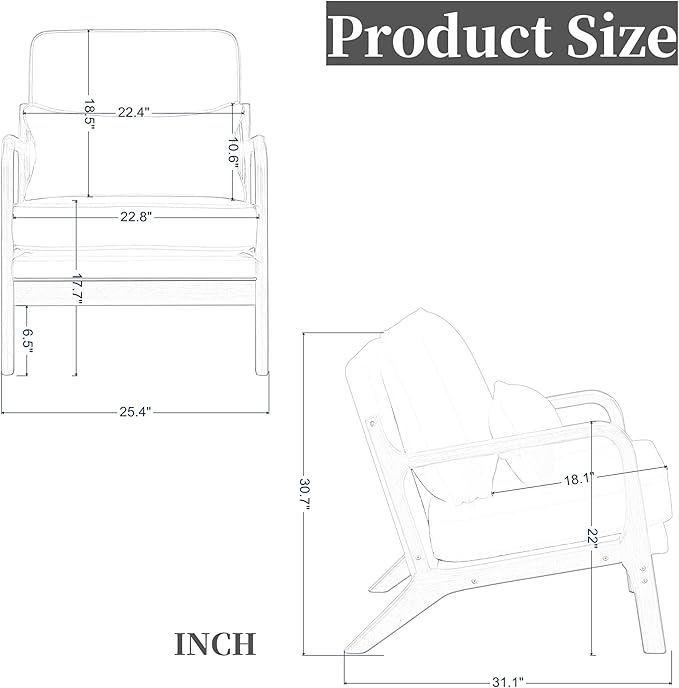 Armchair Upholstered Lounge Chair, Mid-Century Modern Accent Chair with Cushion, Lounge Chair Indoor Reading Chair with Wood Arms, Accent Chair for Living Room, Bedroom Office, Dark Gray