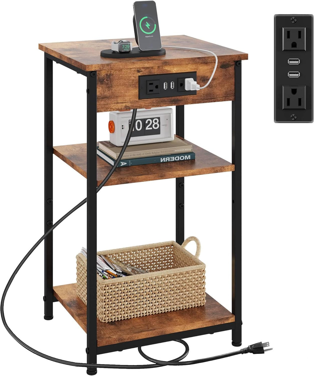 WLIVE End Table with Charging Station, Small Night Stand with Storage Adjusta...