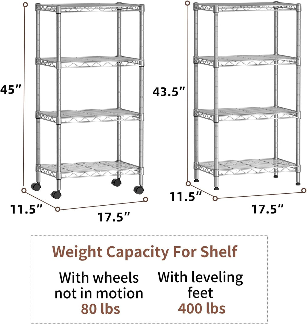 SINGAYE 4 Small Shelves Storage Shelf Wire Shelving Unit Metal Shelf Adjustable Organizers Storage Shelving with Wheels for Bathroom Laundry Room Kitchen Pantry