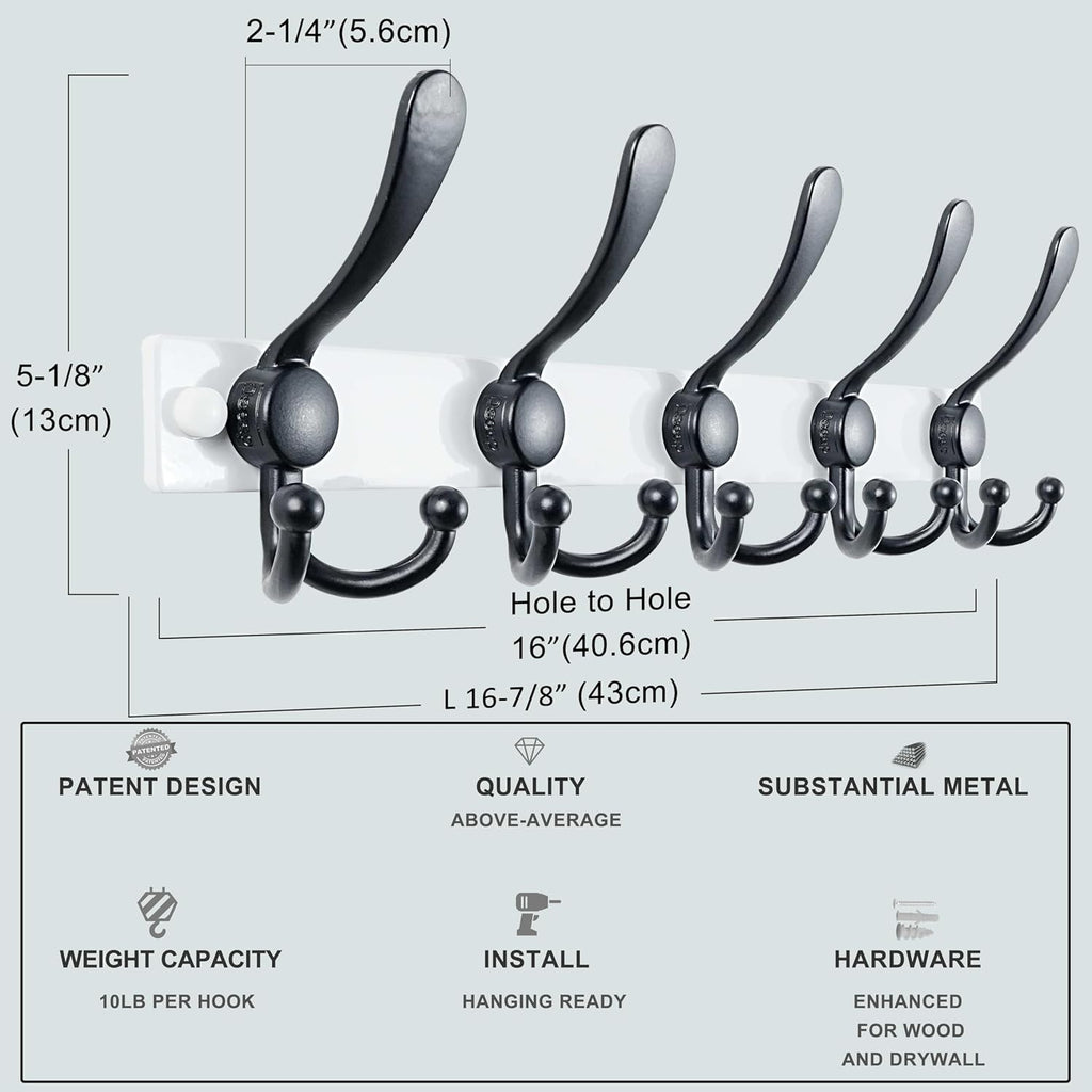 Dseap Coat Rack Wall Mount 2.0 Pro: Heavy Duty 300% Thicker, 16" Stud Mount, Stainless Steel Wall Coat Hooks Hanger for Clothes Jackets Hats Entryway Closet, MaxStrong Series, White & Black, Pack of 2