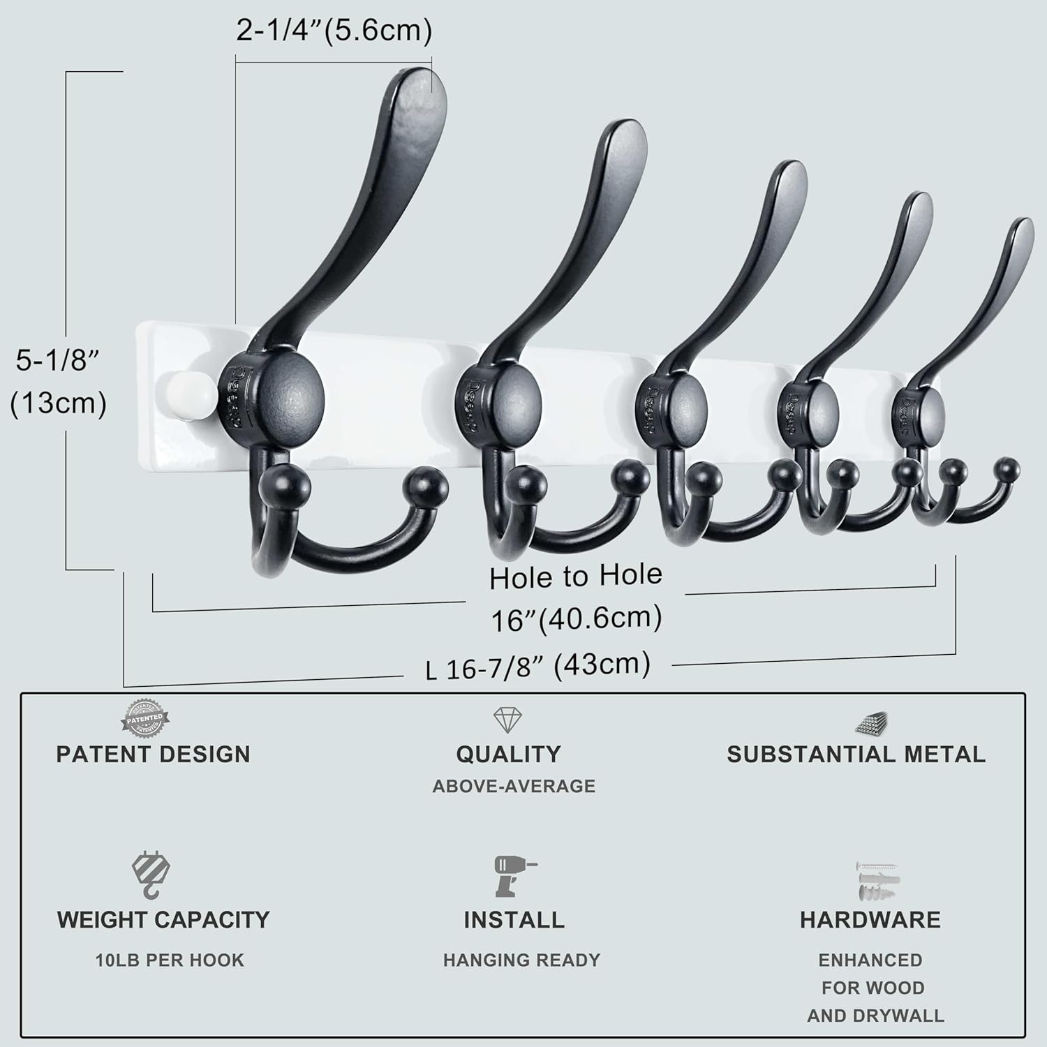 Dseap Coat Rack Wall Mount 2.0 Pro: Heavy Duty 300% Thicker, 16" Stud Mount, Stainless Steel Wall Coat Hooks Hanger for Clothes Jackets Hats Entryway Closet, MaxStrong Series, White & Black, Pack of 2