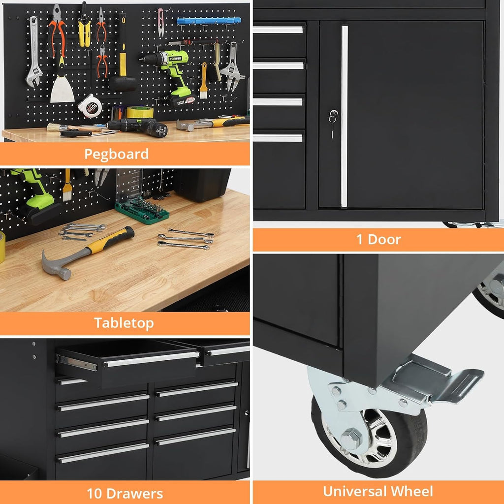 Rolling Tool Chest, 61 in Garage 10 Drawers Workbench Storage Tool Cabinet with Solid Rubber Wood Top, Power Strip, 1675 LBS Load Mobile Workstation, Heavy Duty Rolling Cabinet, Black