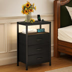 Sweetcrispy Nightstand with Charging Station 3 Fabric Drawers Bedside Table | Night Stand with USB Type-C Ports, AC Outlets & Dimmable LED Light Strip, Modern Black Bedroom End Table