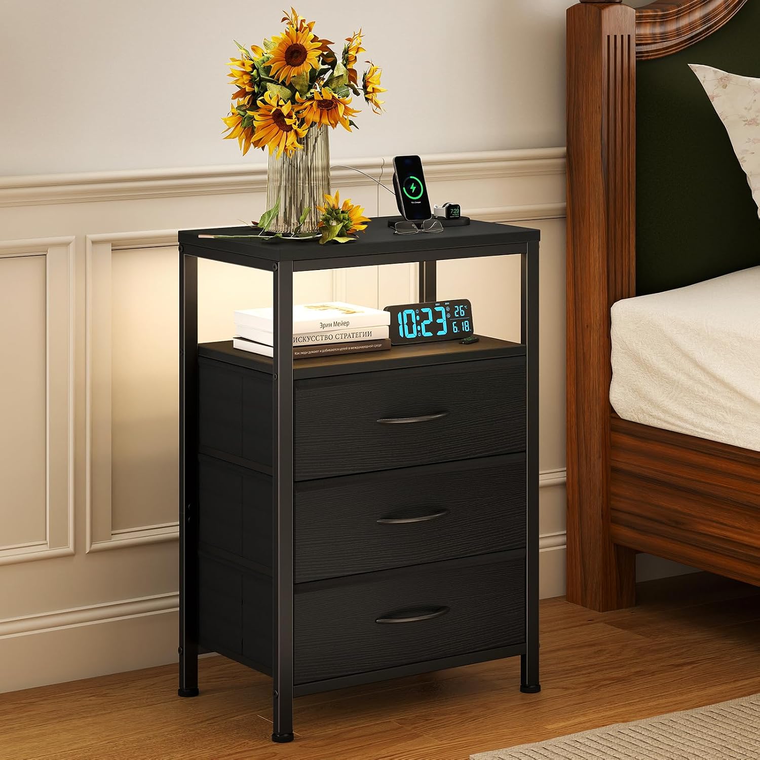 Sweetcrispy Nightstand with Charging Station 3 Fabric Drawers Bedside Table | Night Stand with USB Type-C Ports, AC Outlets & Dimmable LED Light Strip, Modern Black Bedroom End Table