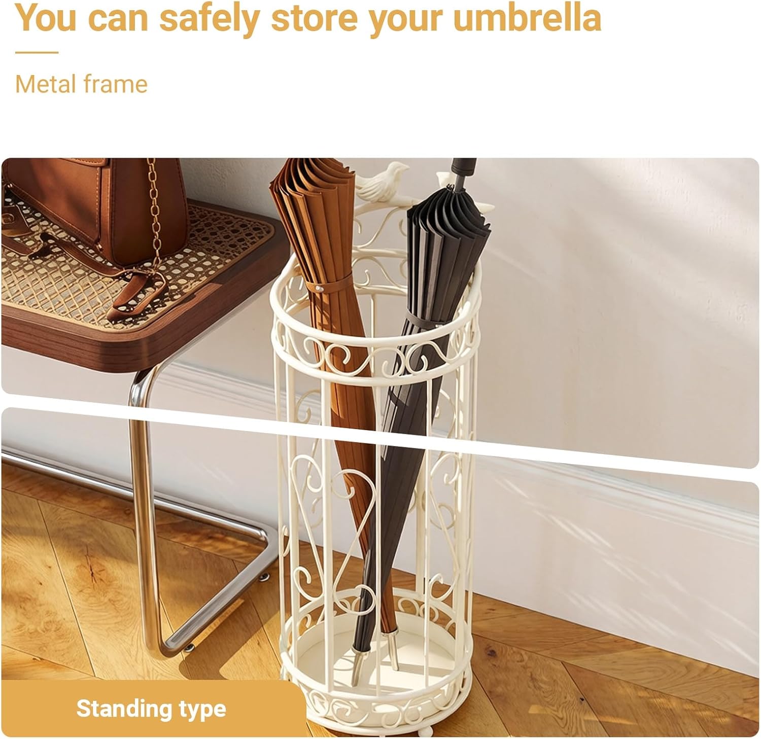 Round Metal Umbrella Basket with Removable Drip Tray Large Capacity Commercial Vintage Umbrella Holder with Hollow Design for Entryway, Hallway(Black)