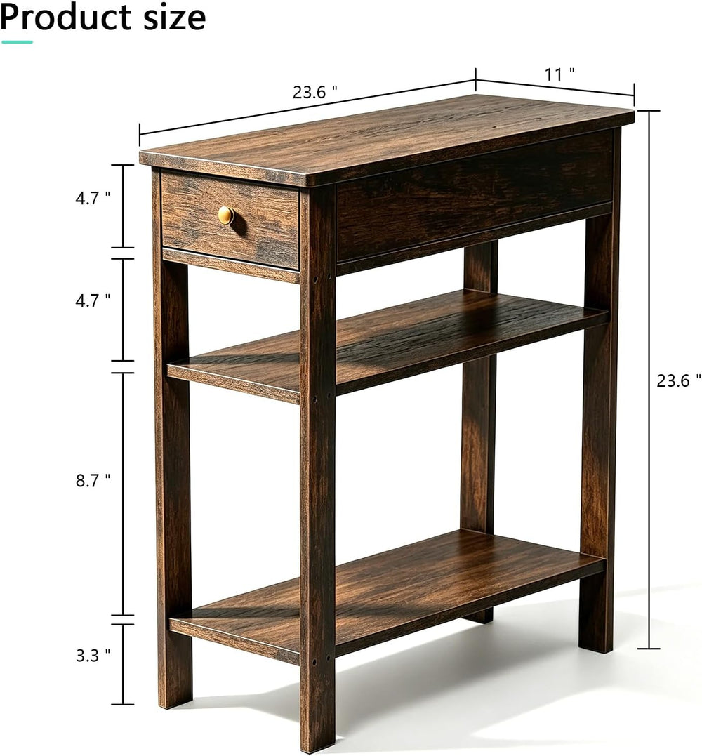 Solid Wood Narrow End Table with Drawer and 3-Tier Storage, Slim Nightstand f...