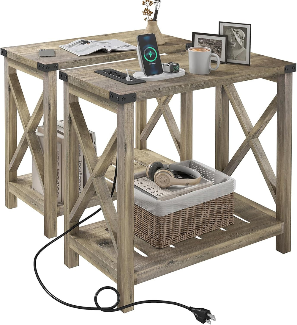 Hadulcet Farmhouse End Tables Living Room Set of 2 - Narrow Side Table with C...
